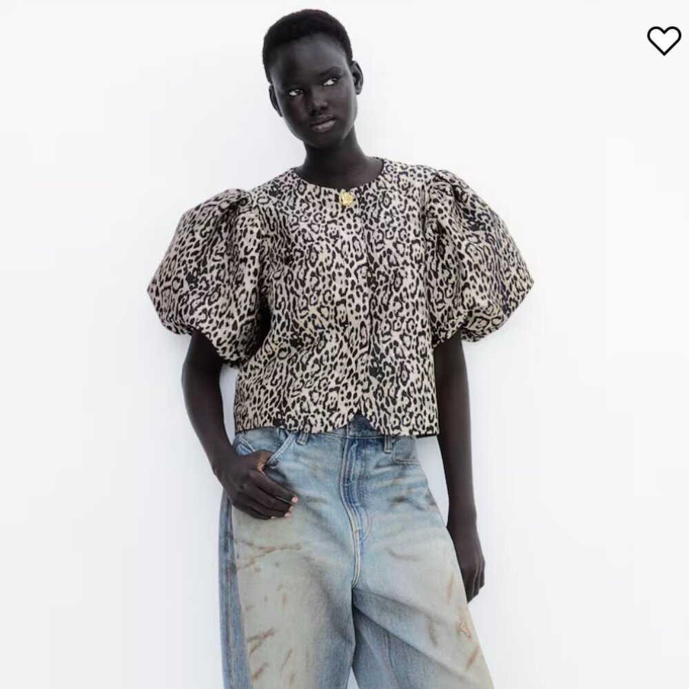 H&M Balloon-Sleeved Blouse - Light beige/leopard print /S